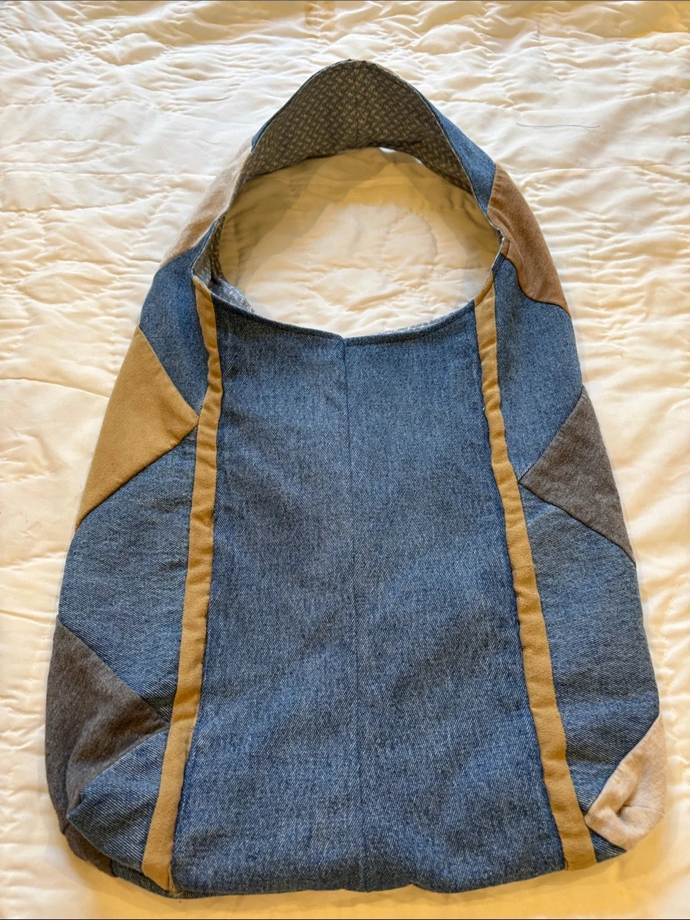 Upcycled Denim-Style Patchwork Tote Bag in Blue and Tan